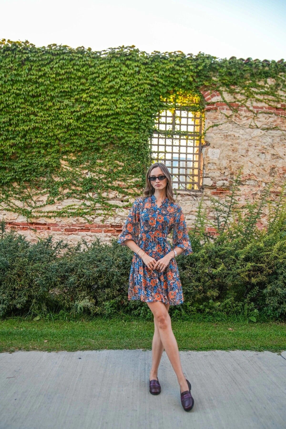 FRN LINE – Orange & Blue Floral Layered Long Sleeve Chiffon Dress for Women FRN30382