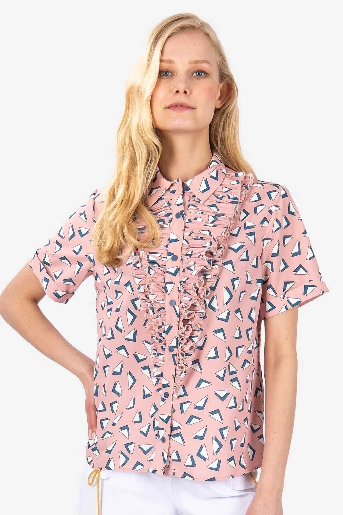 FRN LINE – Pink Short-Sleeve Shirt with Ruffled Front Detail for Women FRN1008