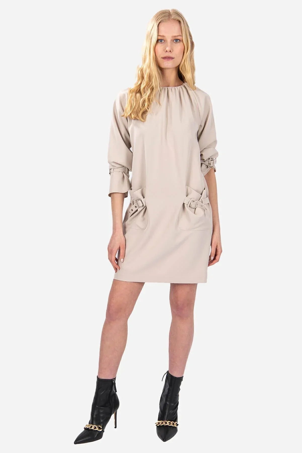 FRN LINE – Beige Buckle Detail Mini Dress for Women FRN3003