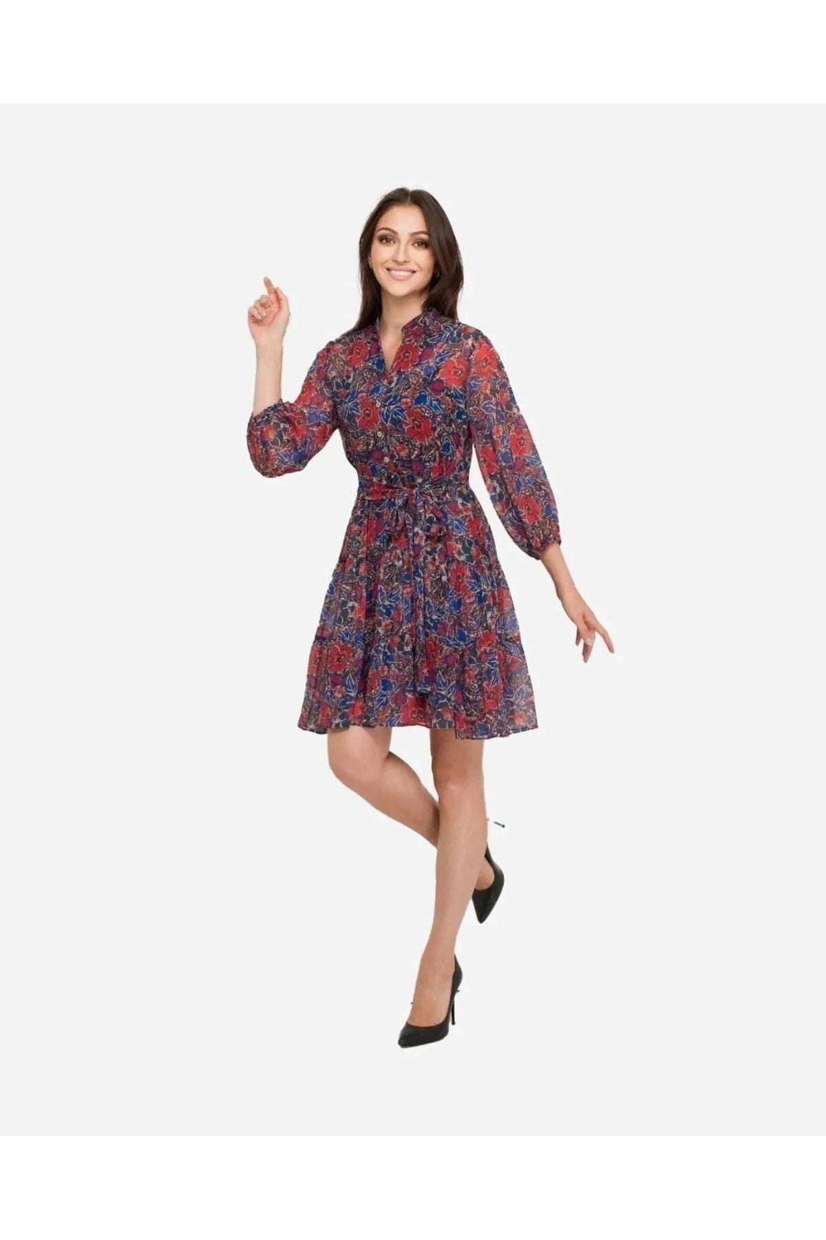 FRN LINE – Red Floral Layered Long Sleeve Chiffon Dress for Women FRN30382