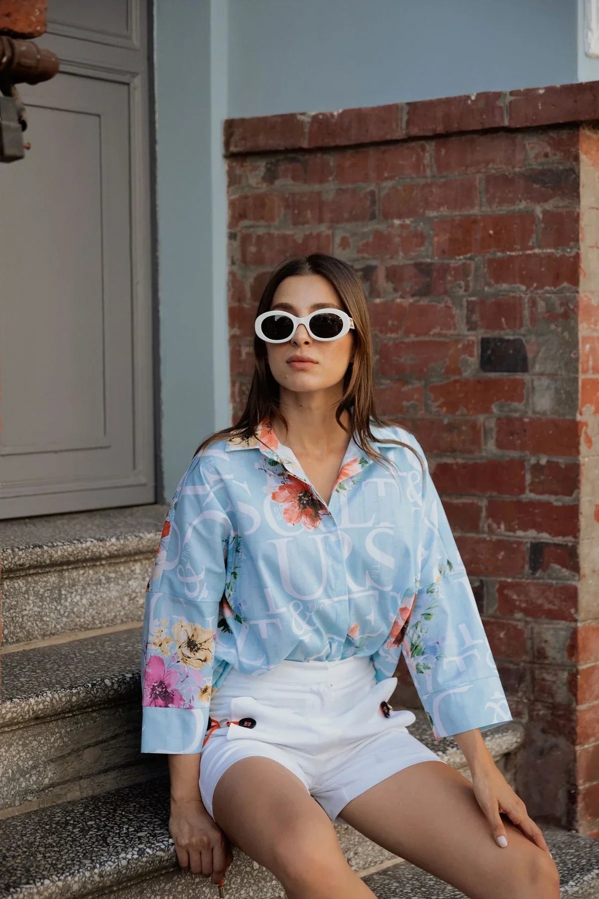 FRN LINE – Blue Typographic Floral Oversized Shirt for Women FRN10101