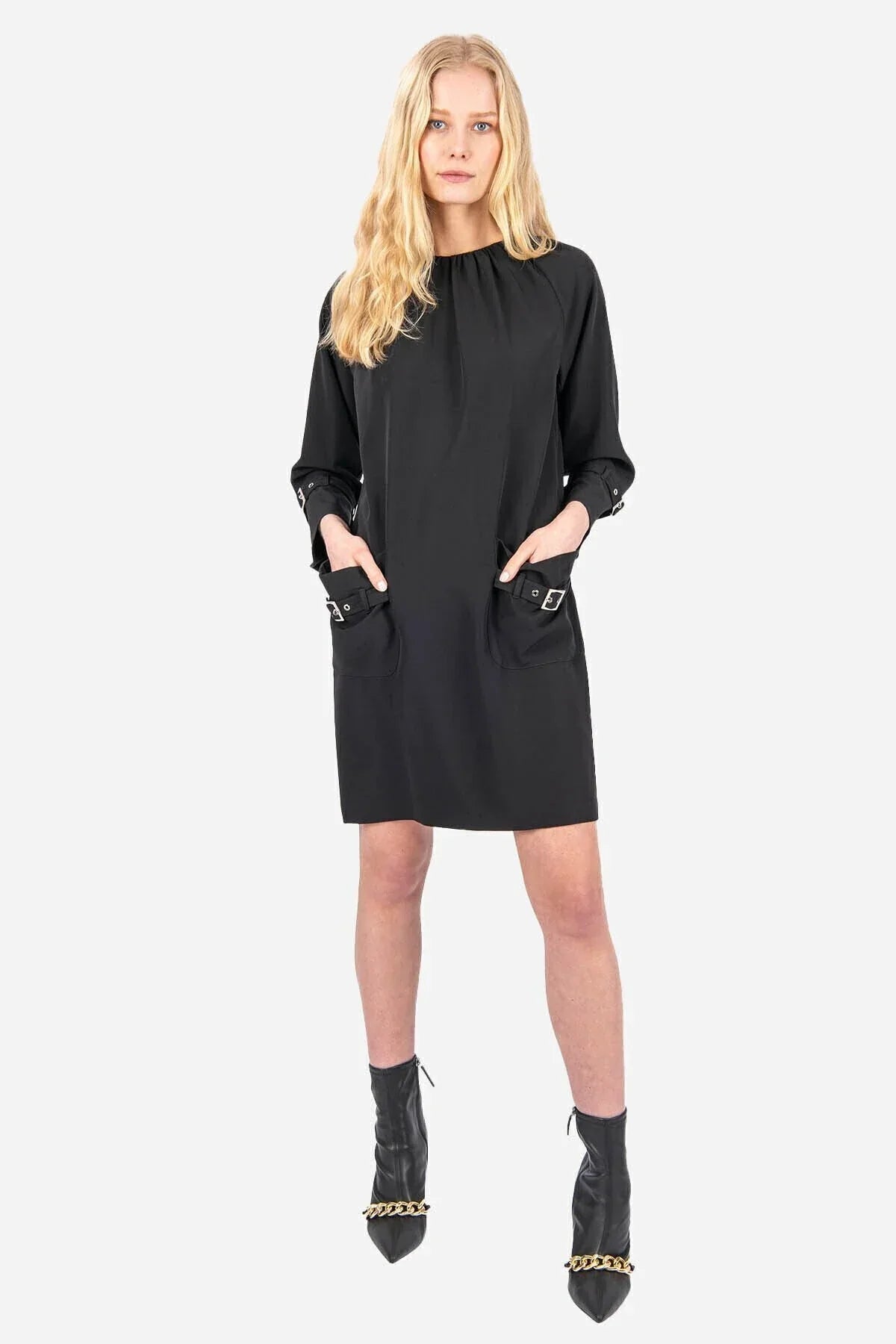 FRN LINE – Black Buckle Detail Mini Dress for Women FRN3003