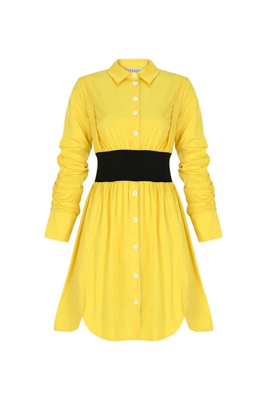 FRN LINE – Yellow Cotton Long-Sleeve Knee-Length Dress for Women