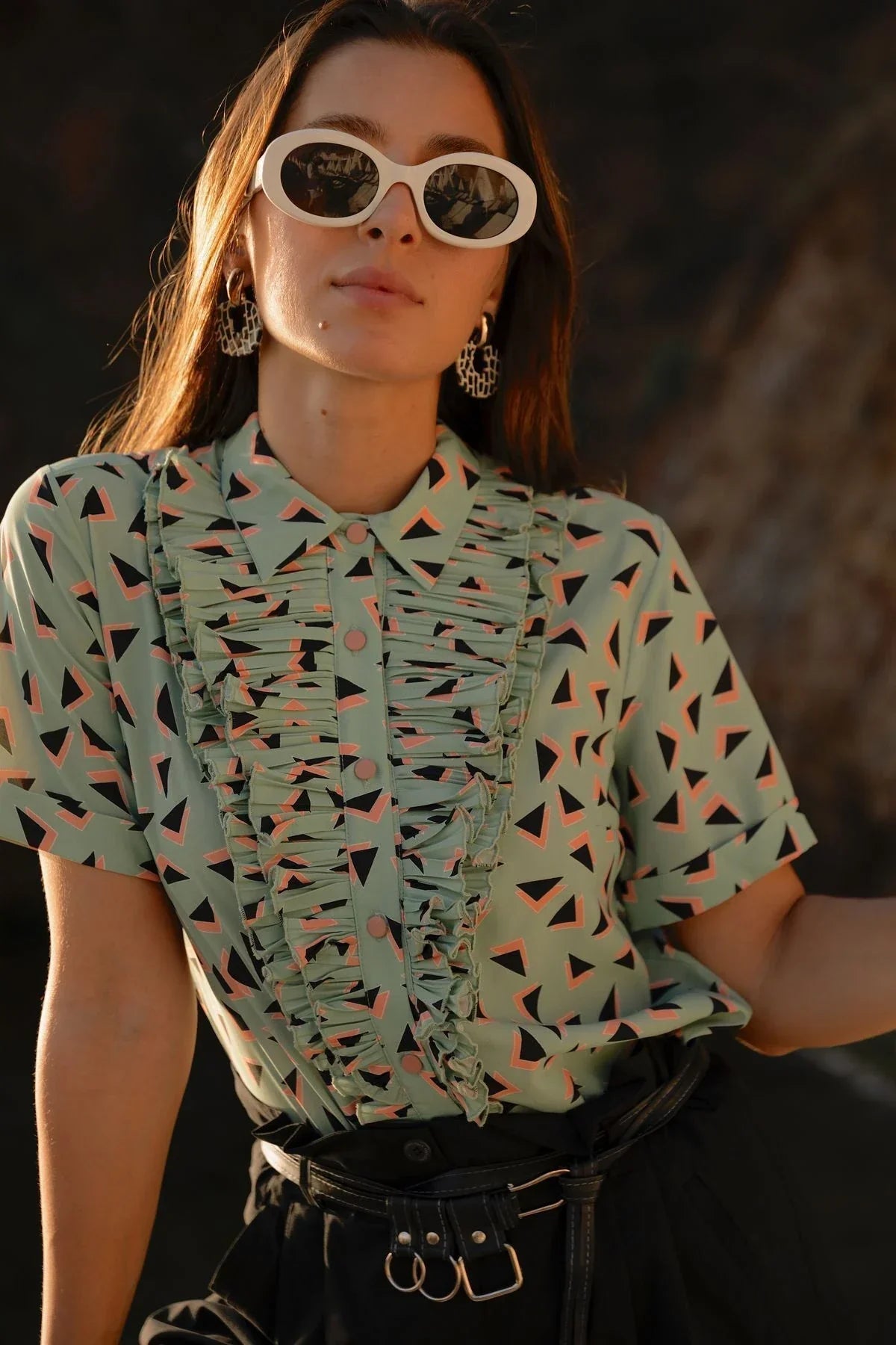 FRN LINE – Green Short-Sleeve Shirt with Ruffled Front Detail for Women FRN1008