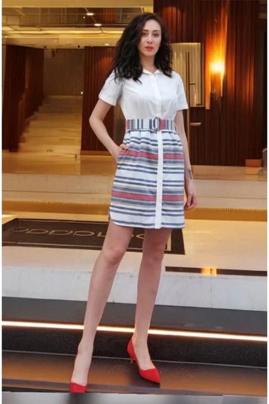 FRN LINE – Red Striped Linen Shirt Dress for Women