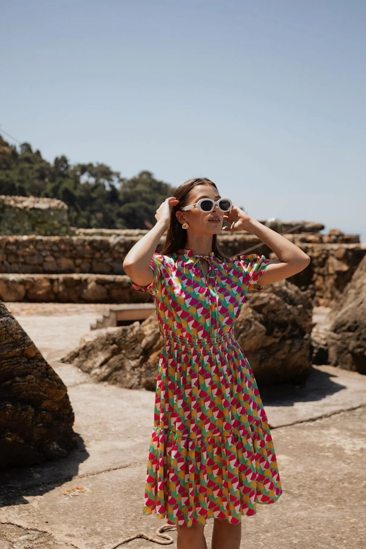 FRN LINE – Multicolor Geometric Printed Short Sleeve Midi Dress for Women FRN30389