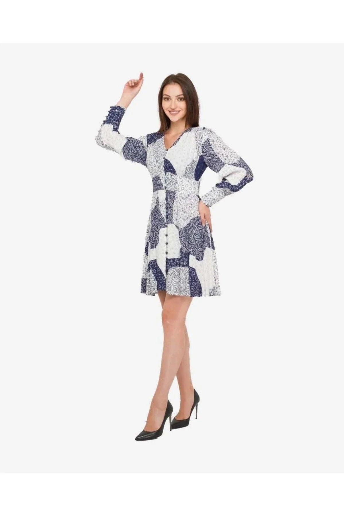 FRN LINE – White Patchwork Printed Long Sleeve Mini Dress for Women FRN30385