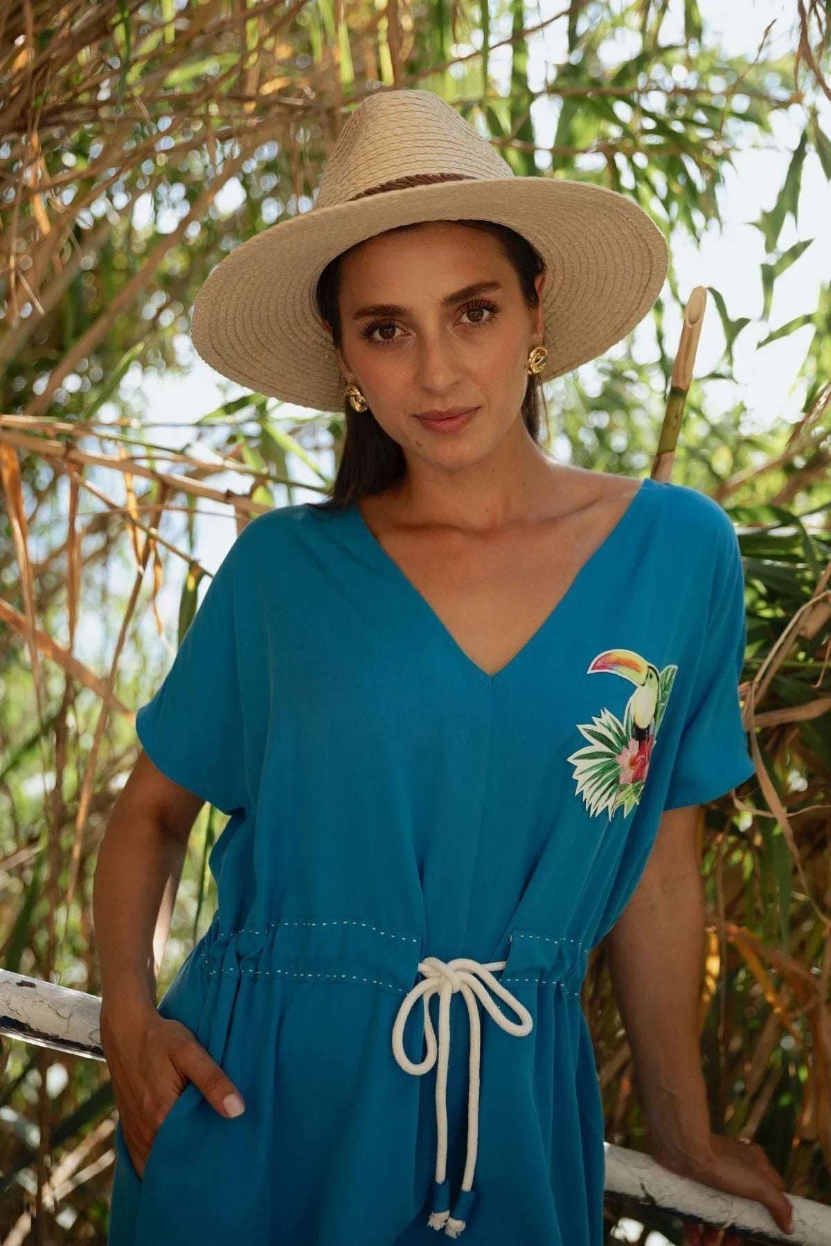 FRN LINE – Blue Tropical Embroidered V-Neck Midi Dress for Women FRN30399