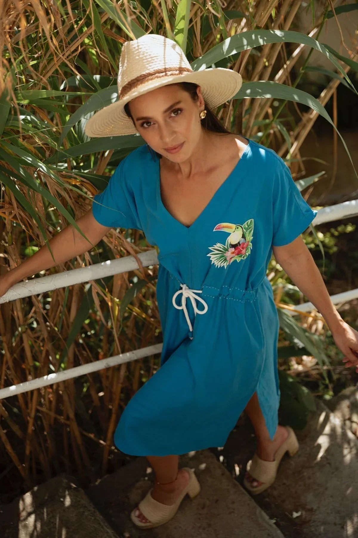 FRN LINE – Blue Tropical Embroidered V-Neck Midi Dress for Women FRN30399
