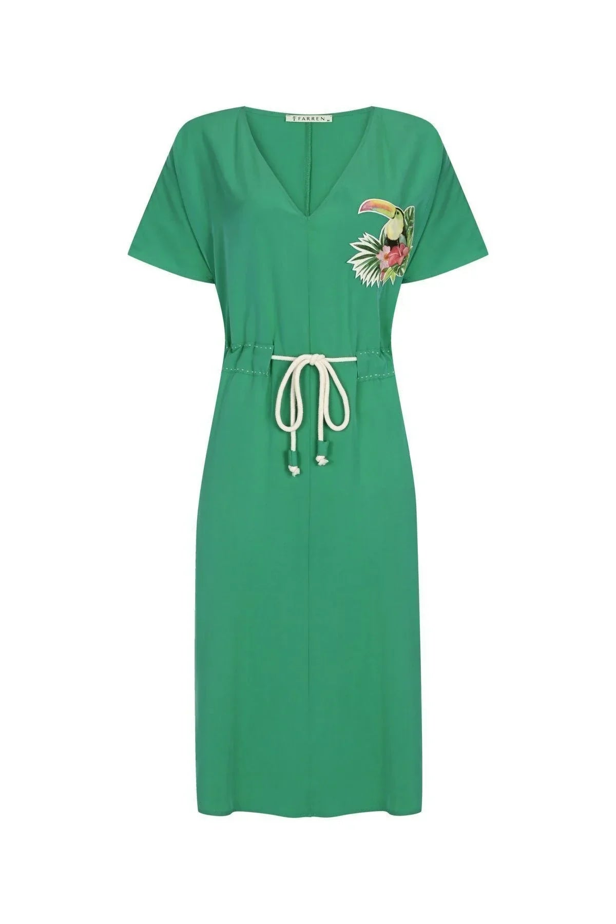 FRN LINE – Green Tropical Embroidered V-Neck Midi Dress for Women FRN30399