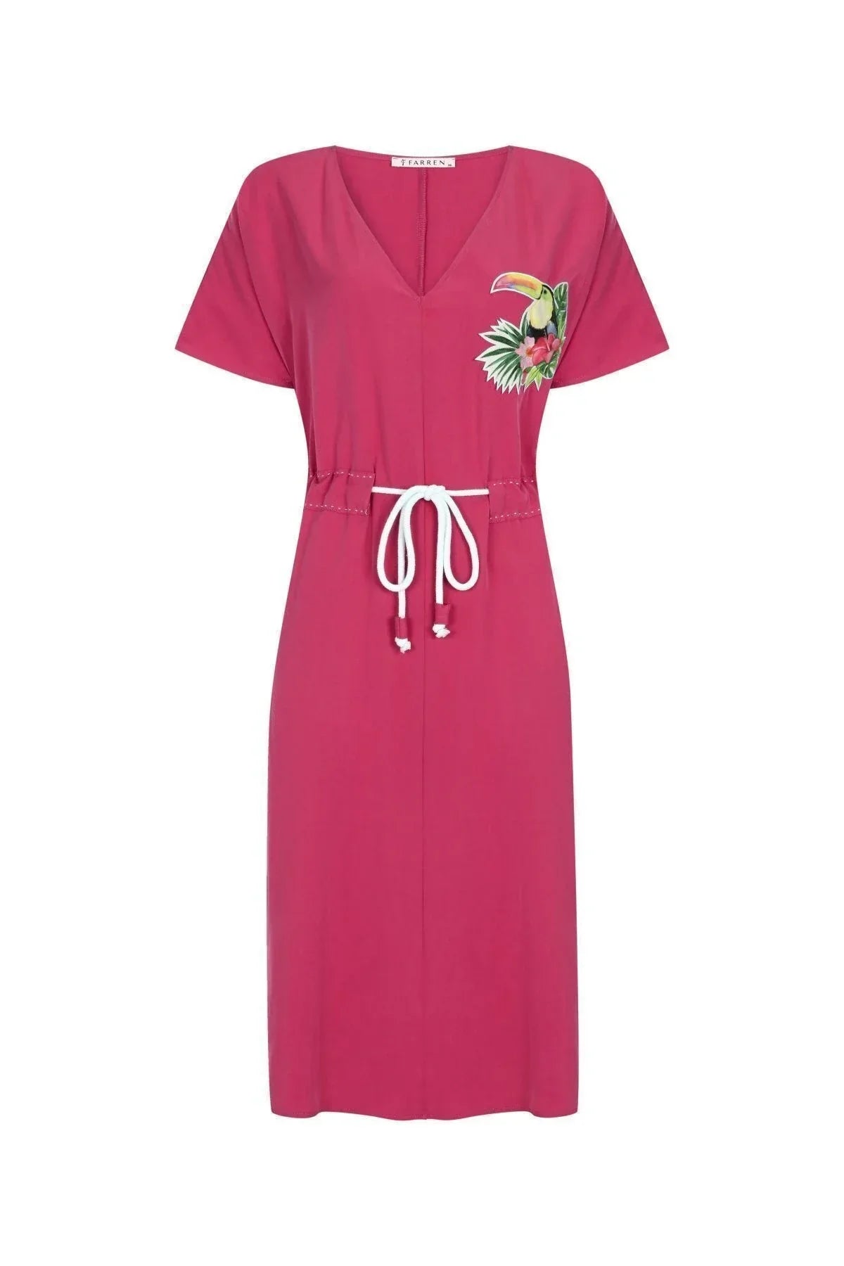 FRN LINE – Pink Tropical Embroidered V-Neck Midi Dress for Women FRN30399