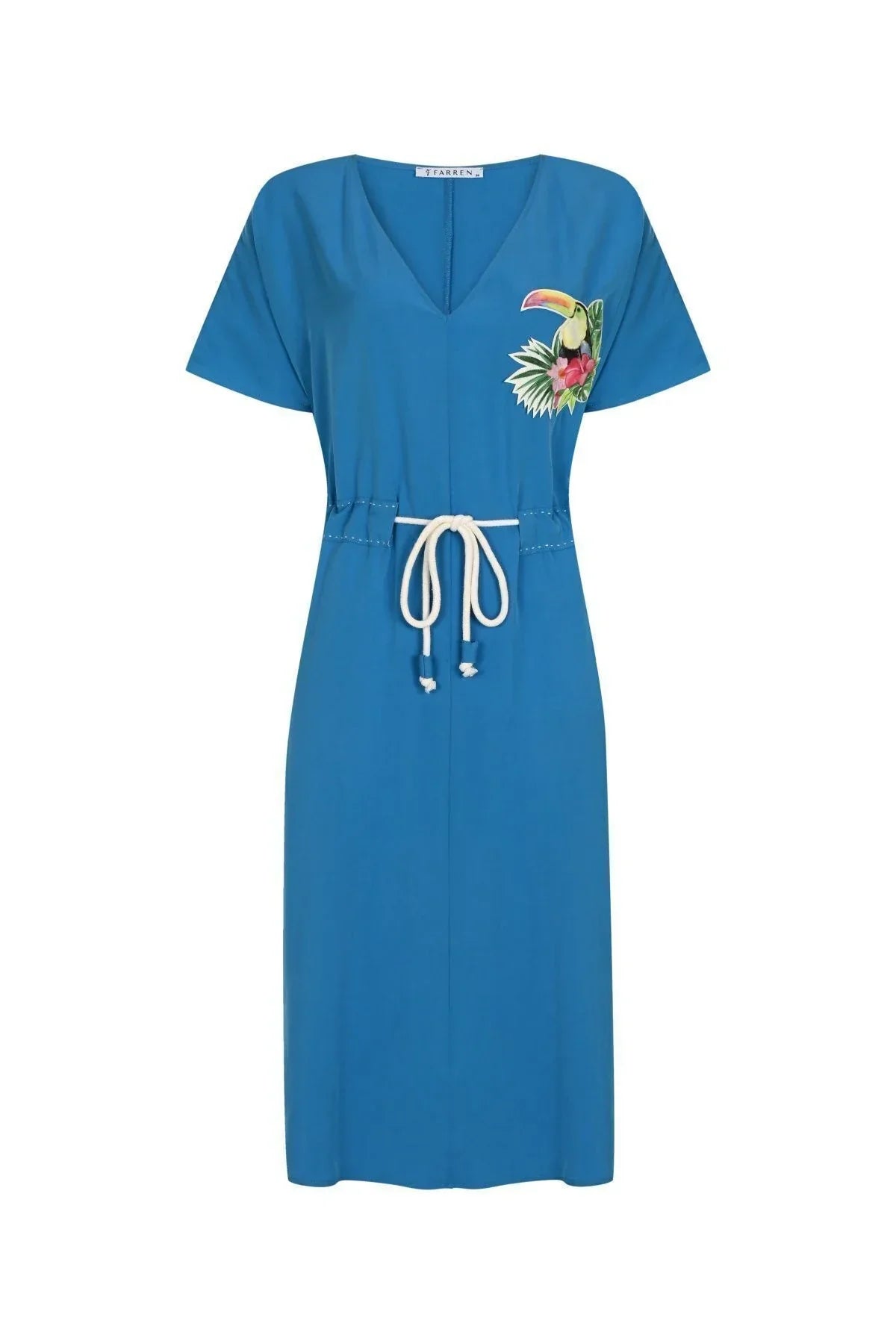 FRN LINE – Blue Tropical Embroidered V-Neck Midi Dress for Women FRN30399