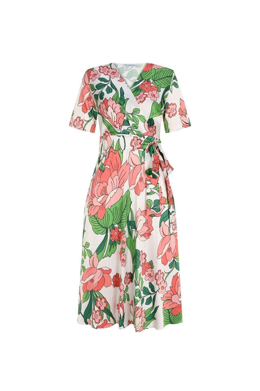 FRN LINE – Pink Bold Floral Print Satin Wrap Dress for Women FRN30383