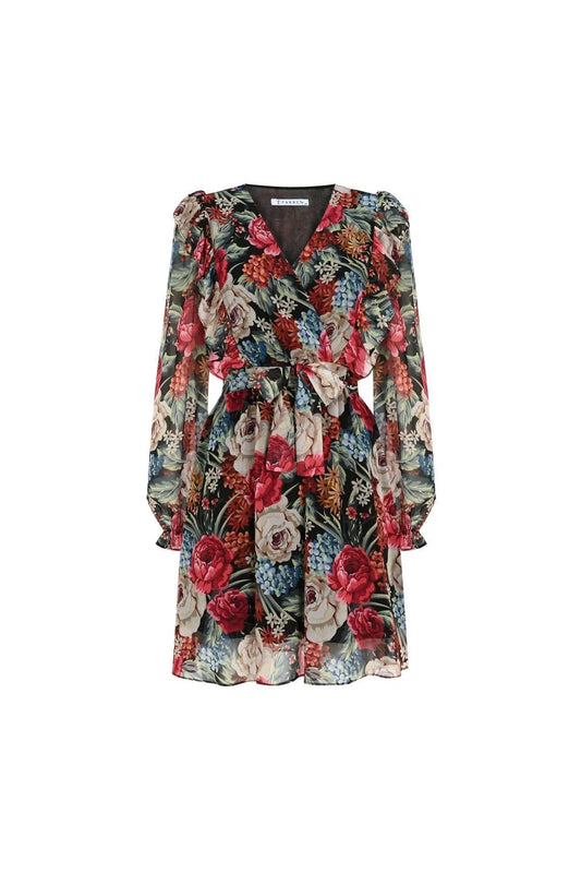 FRN LINE – Black Floral Chiffon Wrap Dress for Women FRN30380