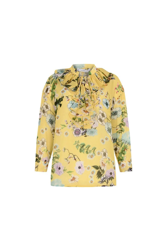 FRN LINE – Yellow Floral Ruffled Neck Chiffon Blouse with Inner Camisole for Women FRN1001