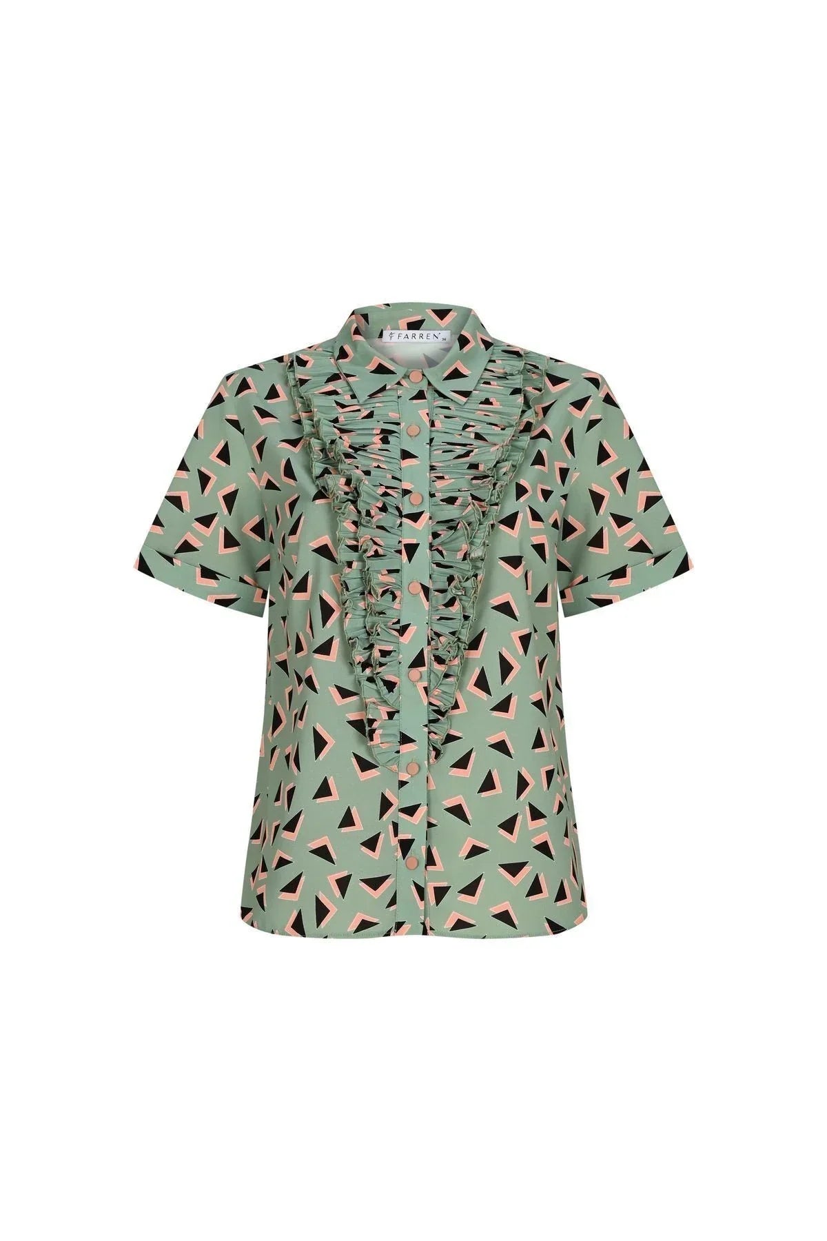 FRN LINE – Green Short-Sleeve Shirt with Ruffled Front Detail for Women FRN1008