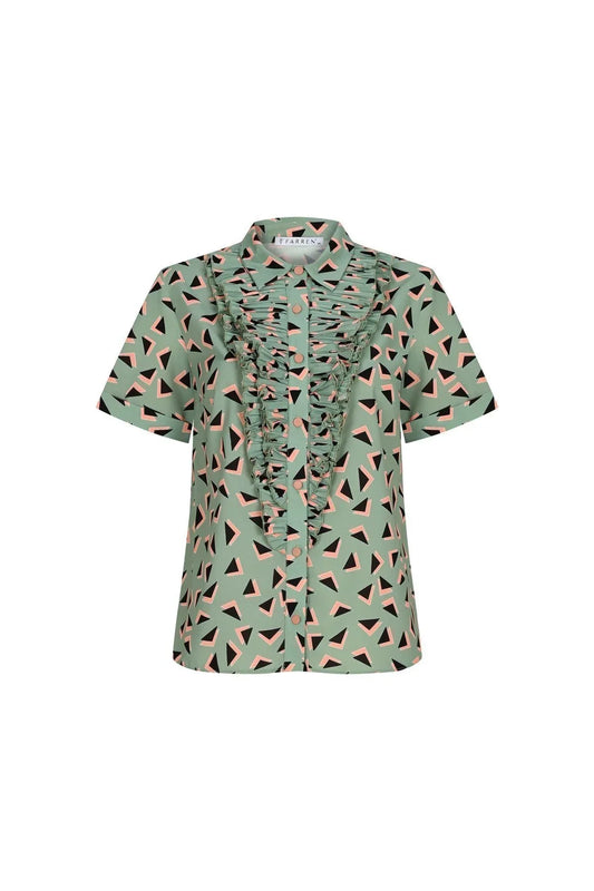 FRN LINE – Green Short-Sleeve Shirt with Ruffled Front Detail for Women FRN1008