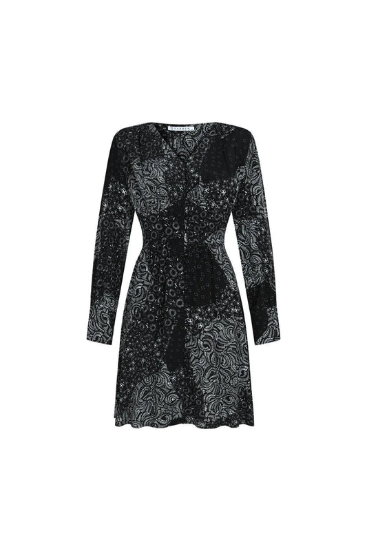 FRN LINE – Black Patchwork Printed Long Sleeve Mini Dress for Women FRN30385