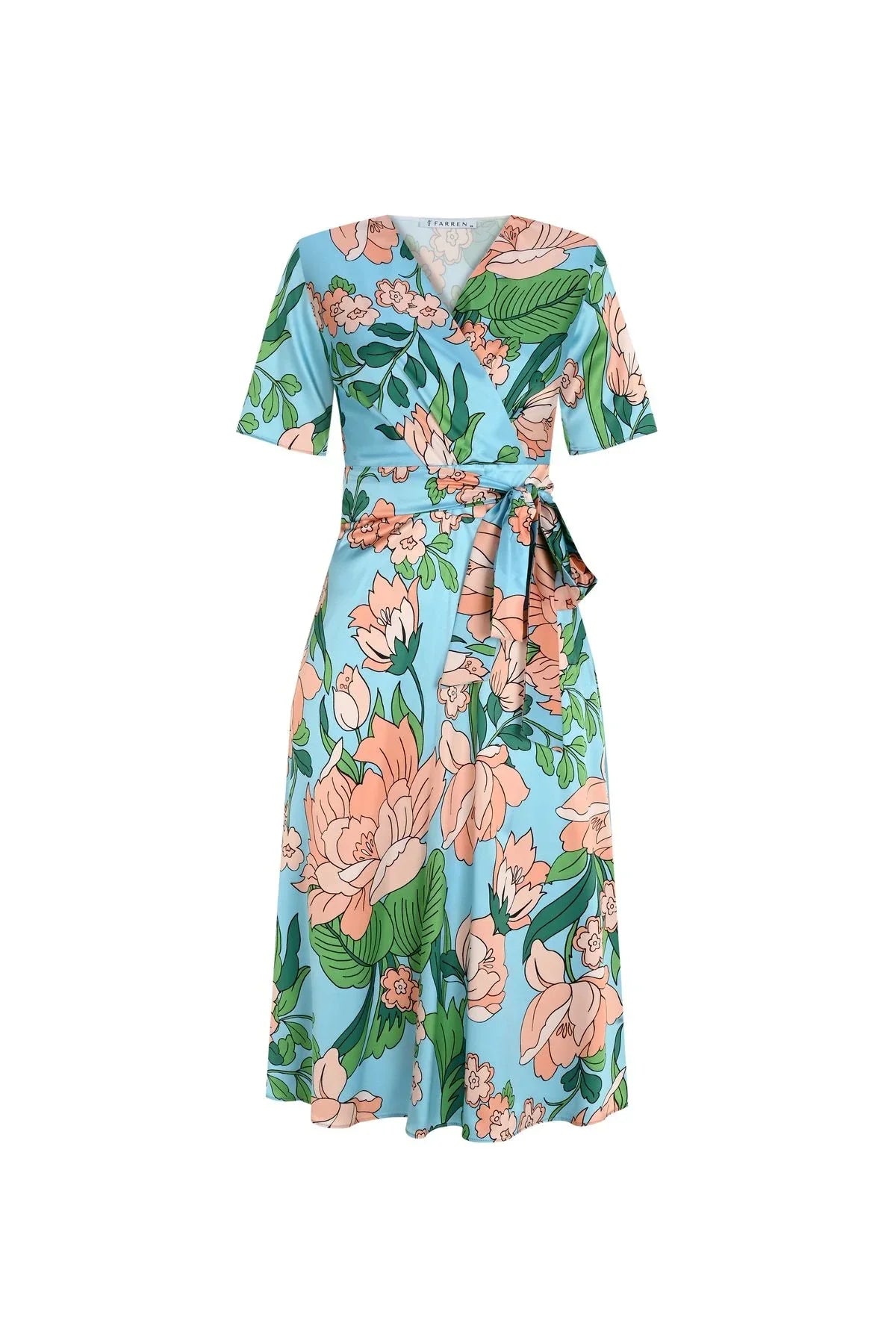 FRN LINE – Mint Green Bold Floral Print Satin Wrap Dress for Women FRN30383
