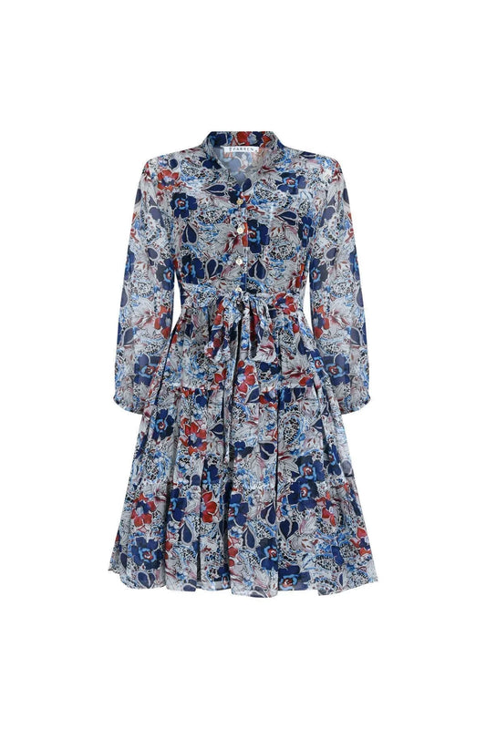 FRN LINE – Blue Floral Layered Long Sleeve Chiffon Dress for Women FRN30382