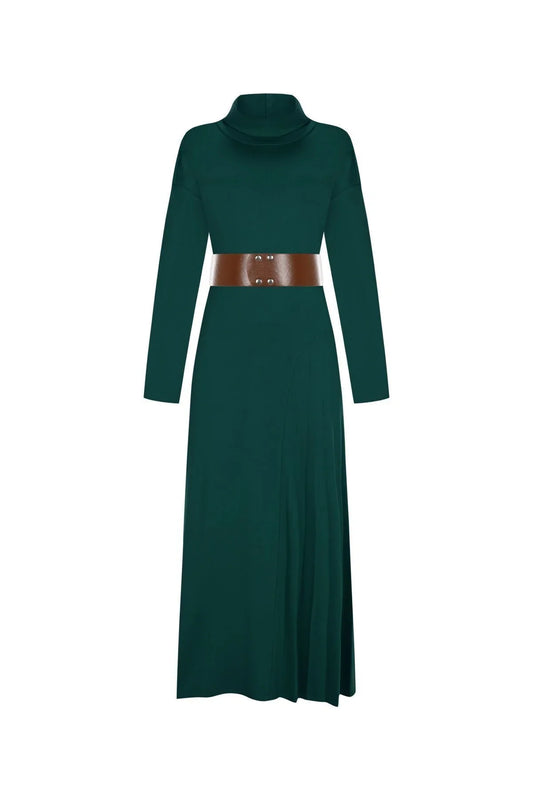 FRN LINE – Green Knit Dress with Wide Belt and Pleated Panel for Women FRN3135