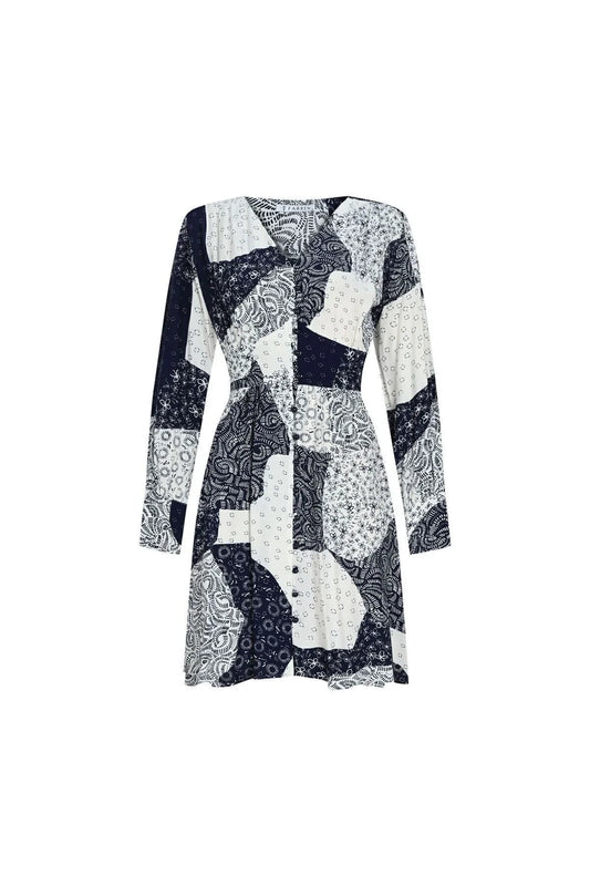 FRN LINE – White Patchwork Printed Long Sleeve Mini Dress for Women FRN30385