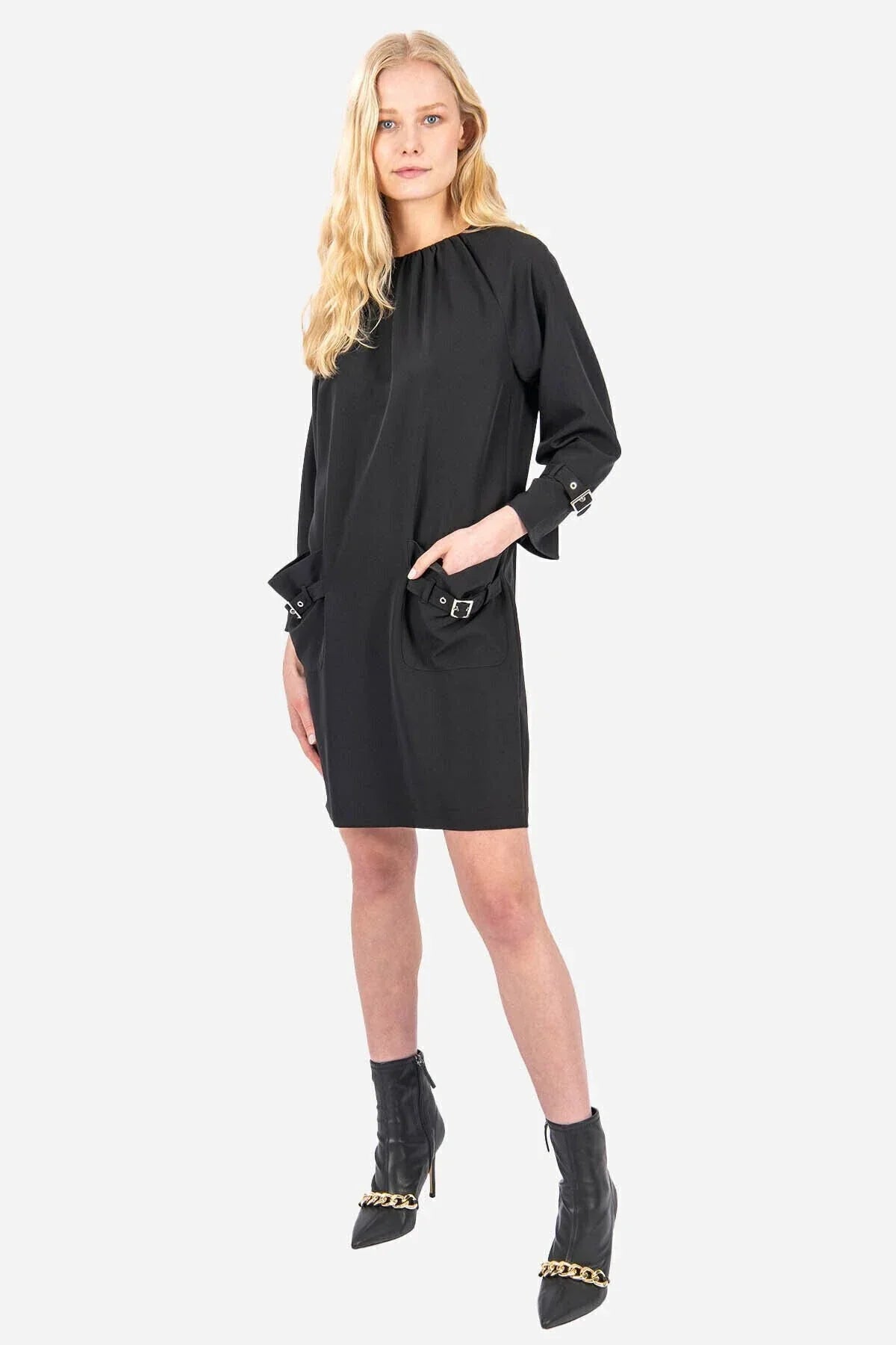 FRN LINE – Black Buckle Detail Mini Dress for Women FRN3003