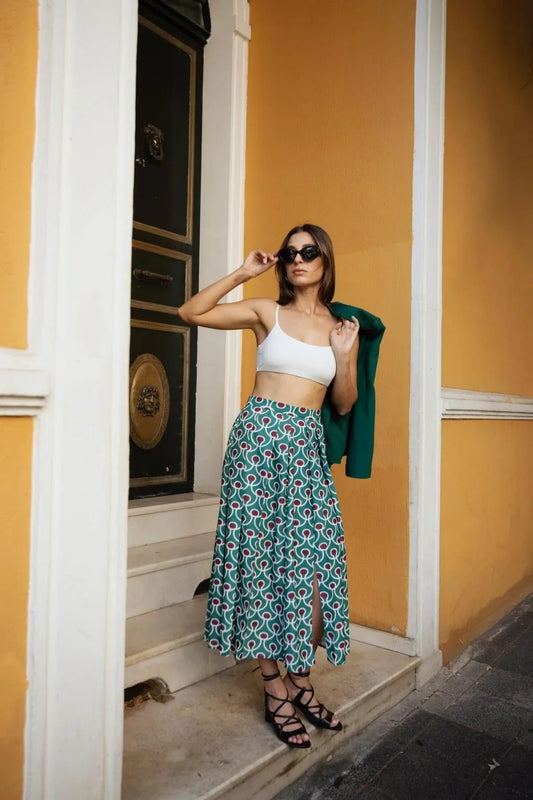 FRN LINE – Green Patterned Slit Skirt for Women