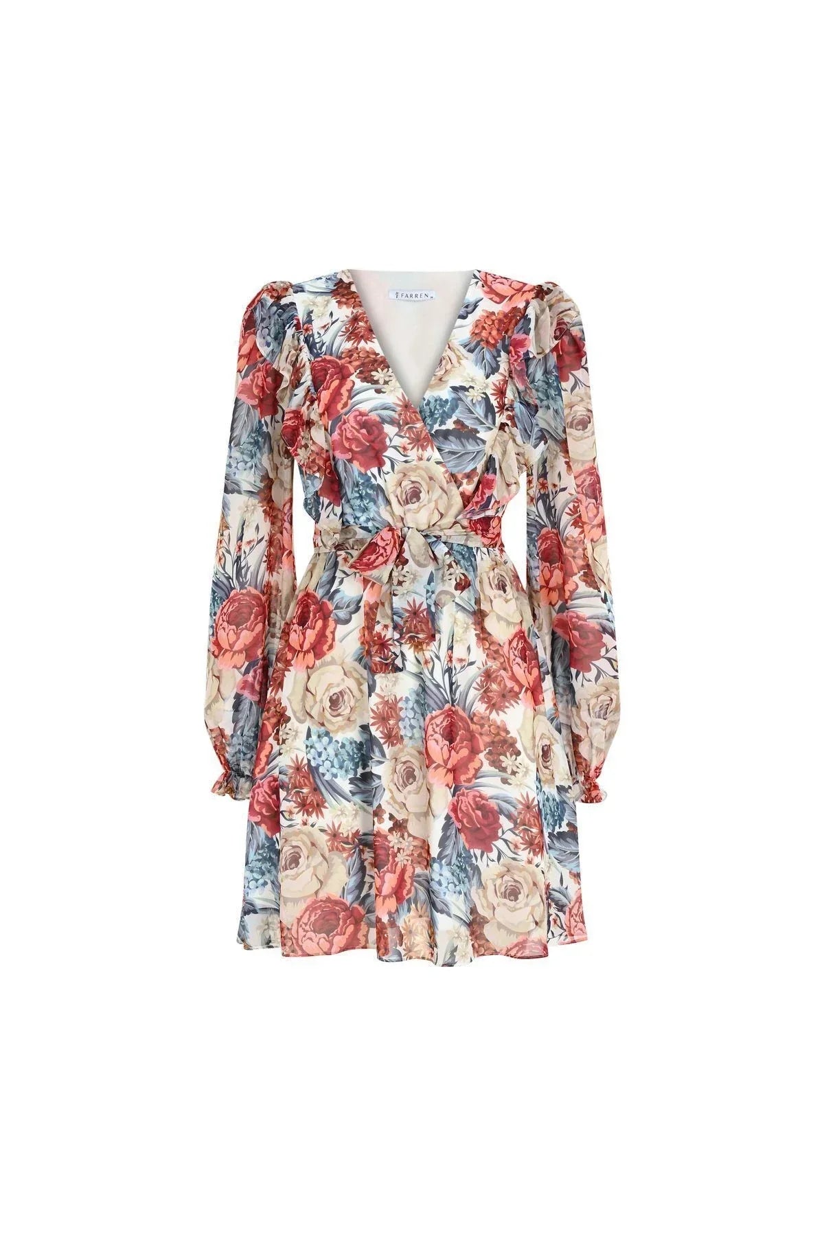FRN LINE – White Floral Chiffon Wrap Dress for Women FRN30380