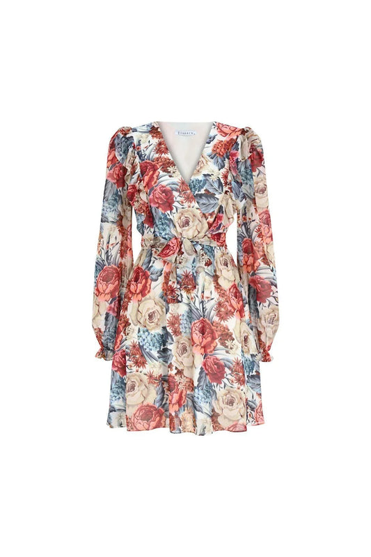 FRN LINE – White Floral Chiffon Wrap Dress for Women FRN30380