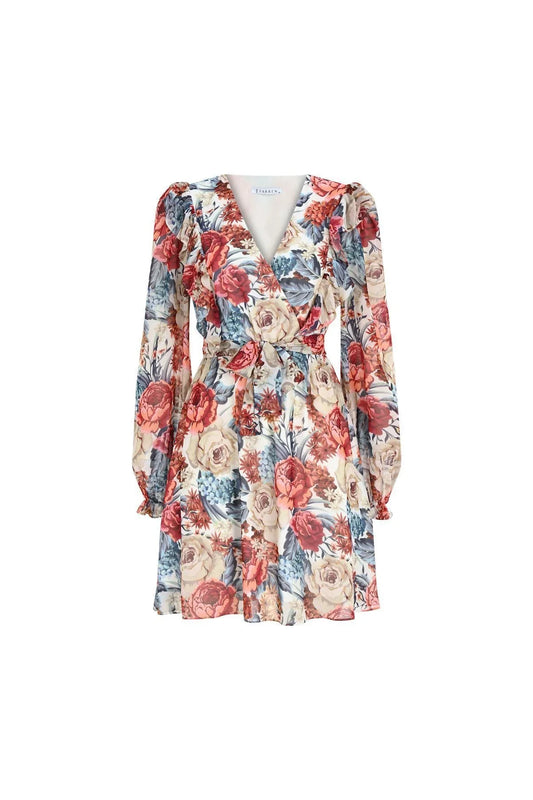 FRN LINE – White Floral Chiffon Wrap Dress for Women FRN30380