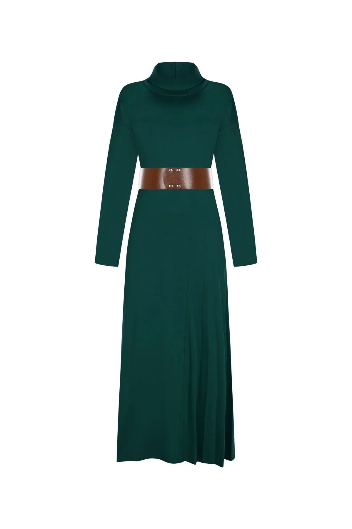 FRN LINE – Green Knit Dress with Wide Belt and Pleated Panel for Women FRN3135