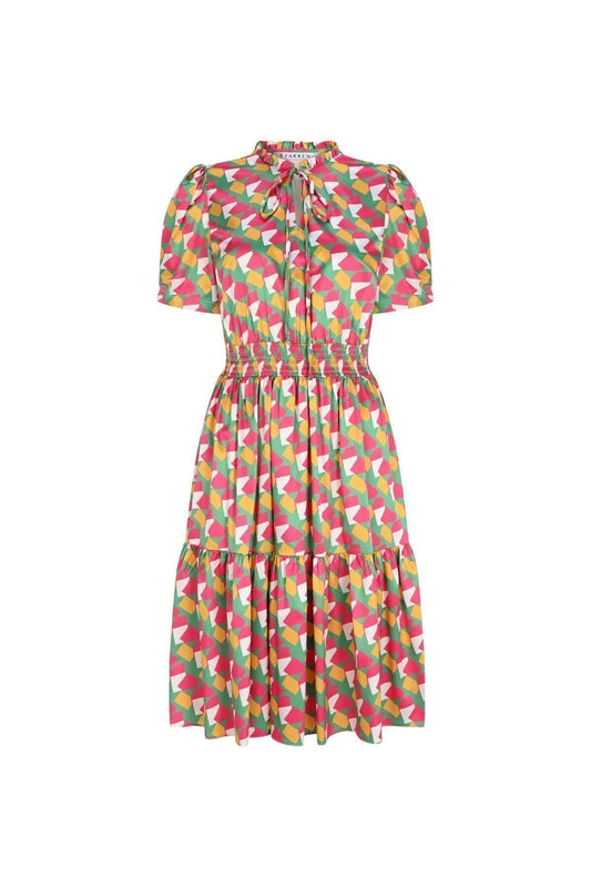 FRN LINE – Multicolor Geometric Printed Short Sleeve Midi Dress for Women FRN30389