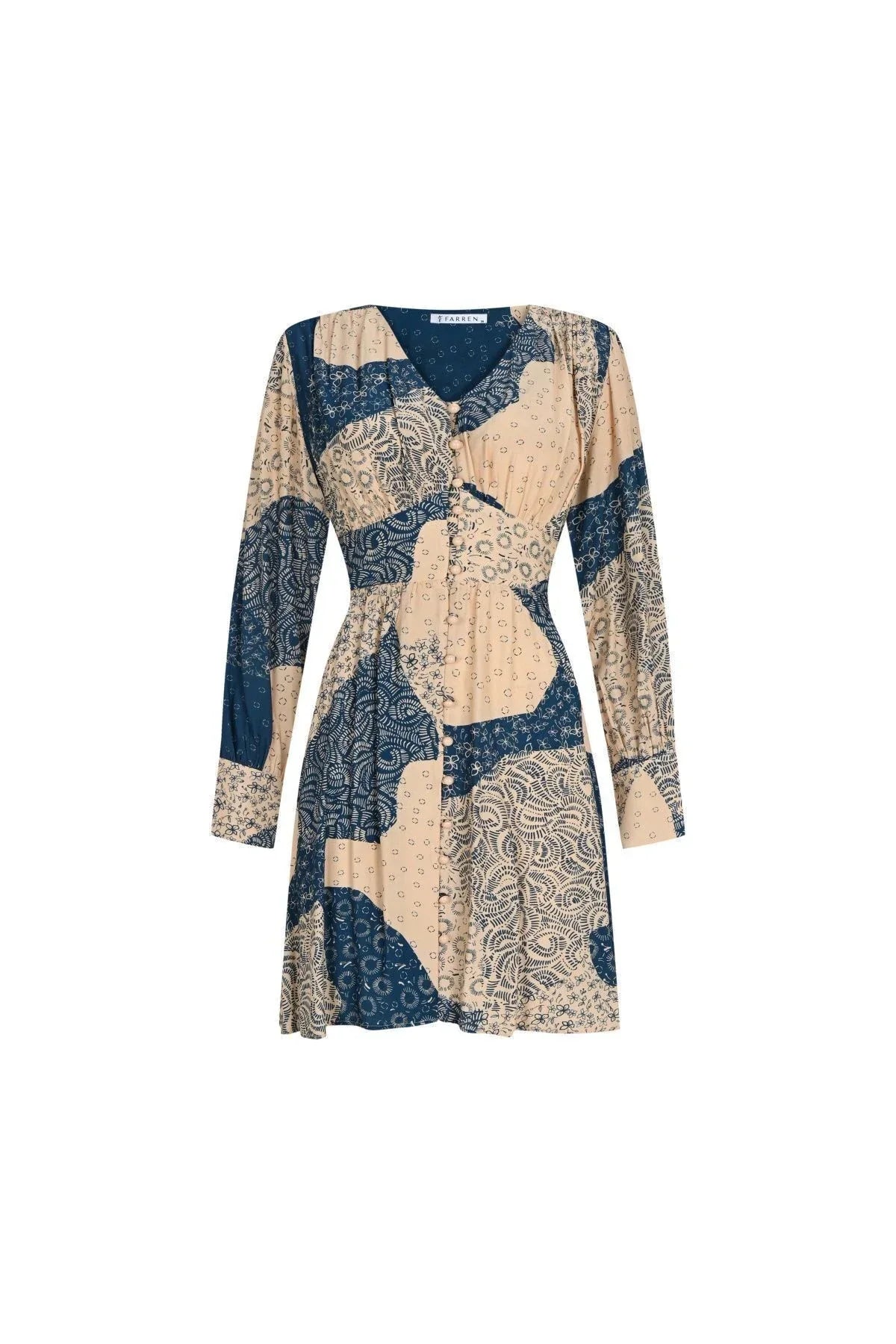 FRN LINE – Cream Patchwork Printed Long Sleeve Mini Dress for Women FRN30385