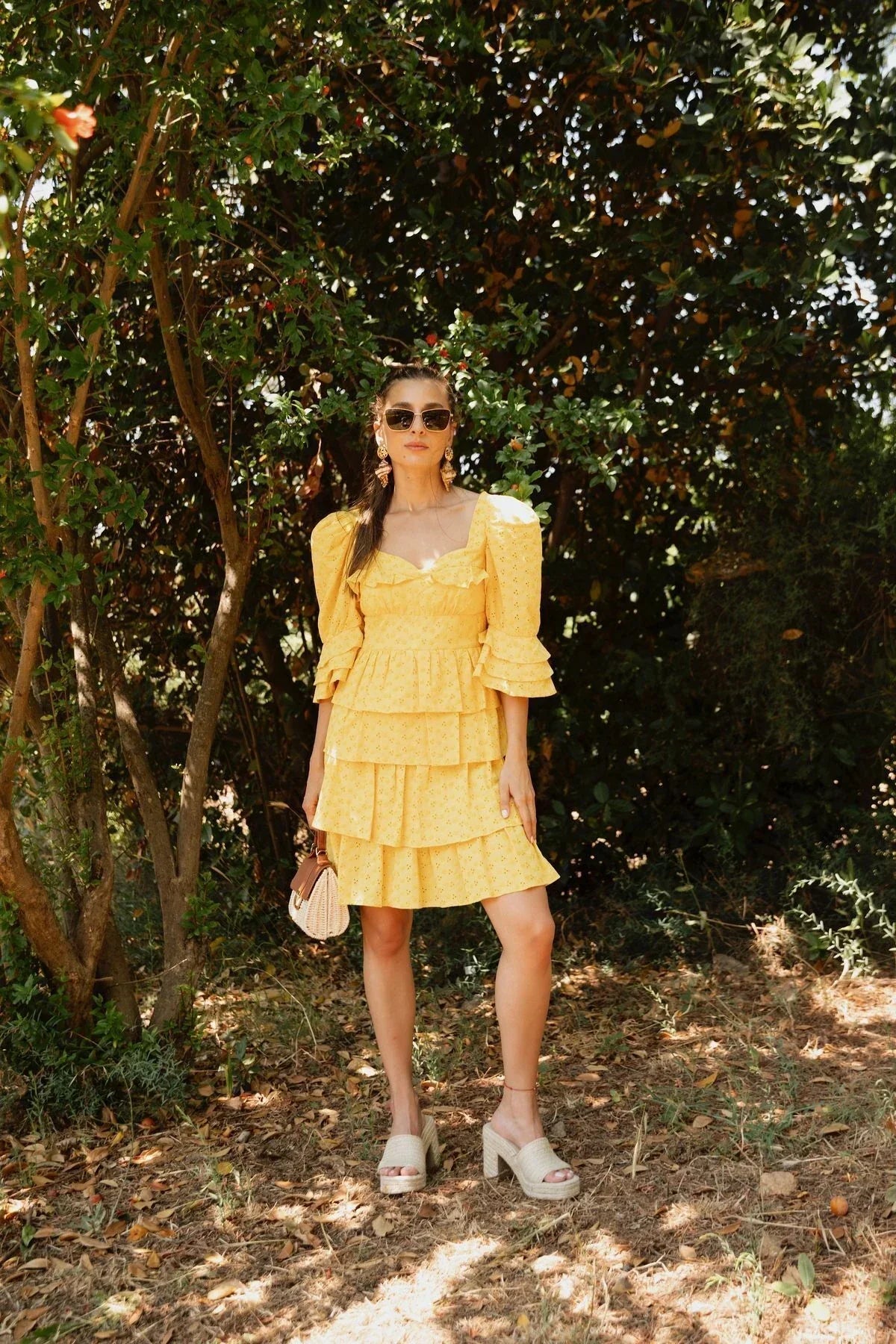 FRN LINE – Yellow Floral Embroidered Layered Mini Dress for Women FRN30391