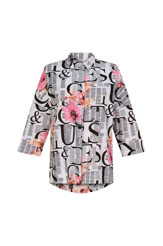 FRN LINE – White Typographic Floral Oversized Shirt for Women FRN10101