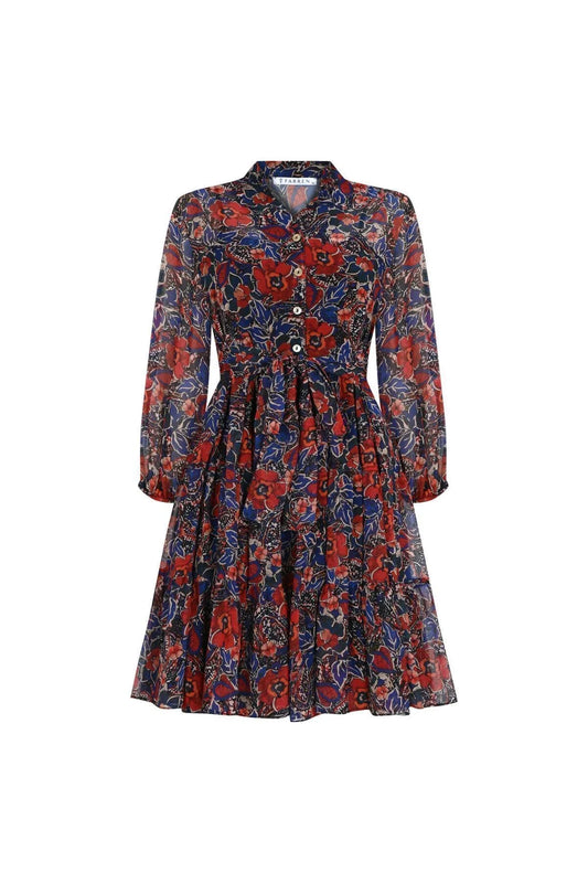 FRN LINE – Red Floral Layered Long Sleeve Chiffon Dress for Women FRN30382