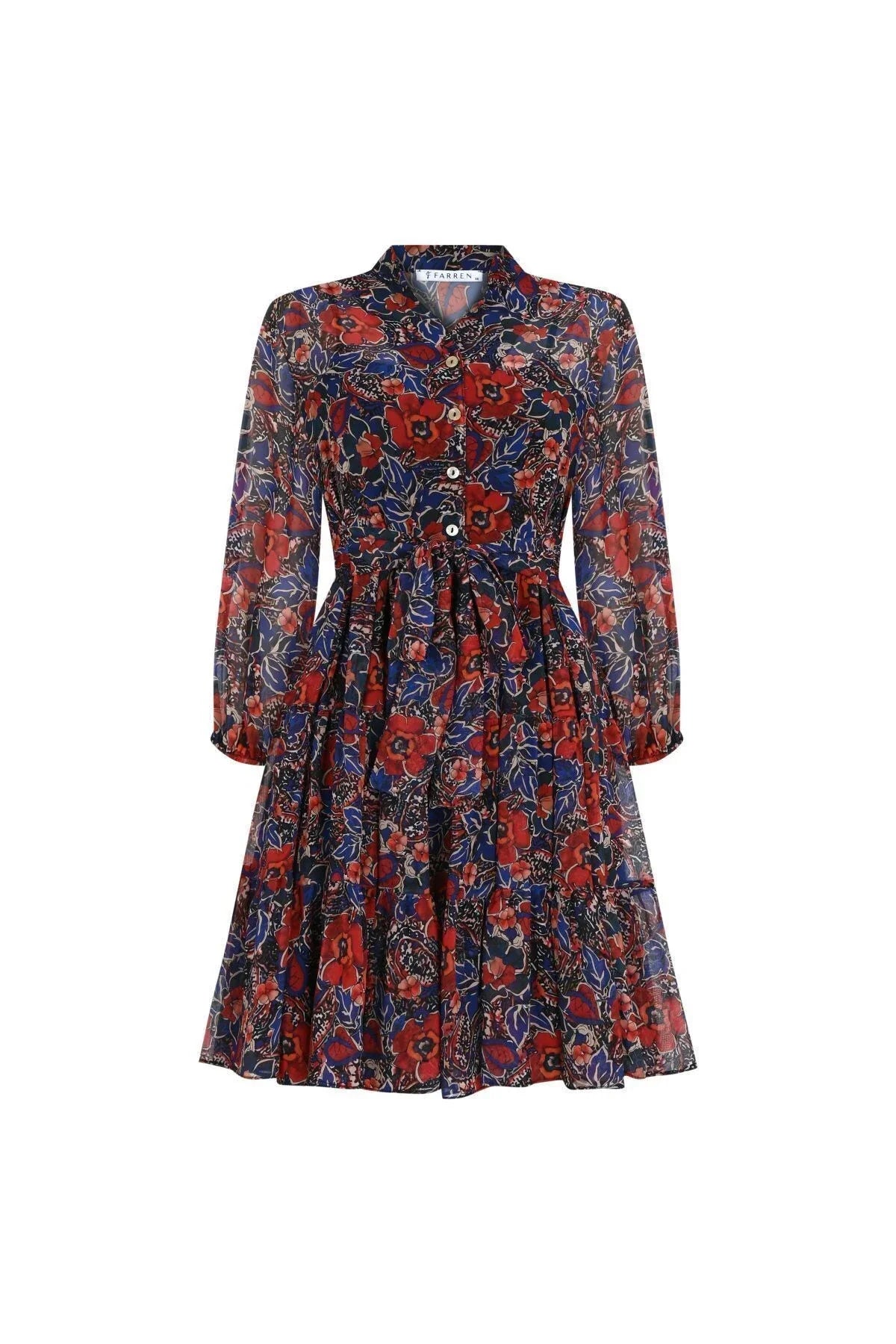 FRN LINE – Red Floral Layered Long Sleeve Chiffon Dress for Women FRN30382