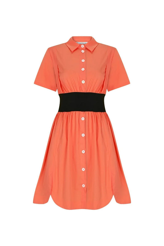 FRN LINE – Orange Colorblock Waist Cotton Shirt Dress for Women FRN30381