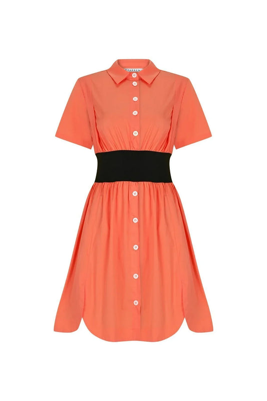 FRN LINE – Orange Colorblock Waist Cotton Shirt Dress for Women FRN30381