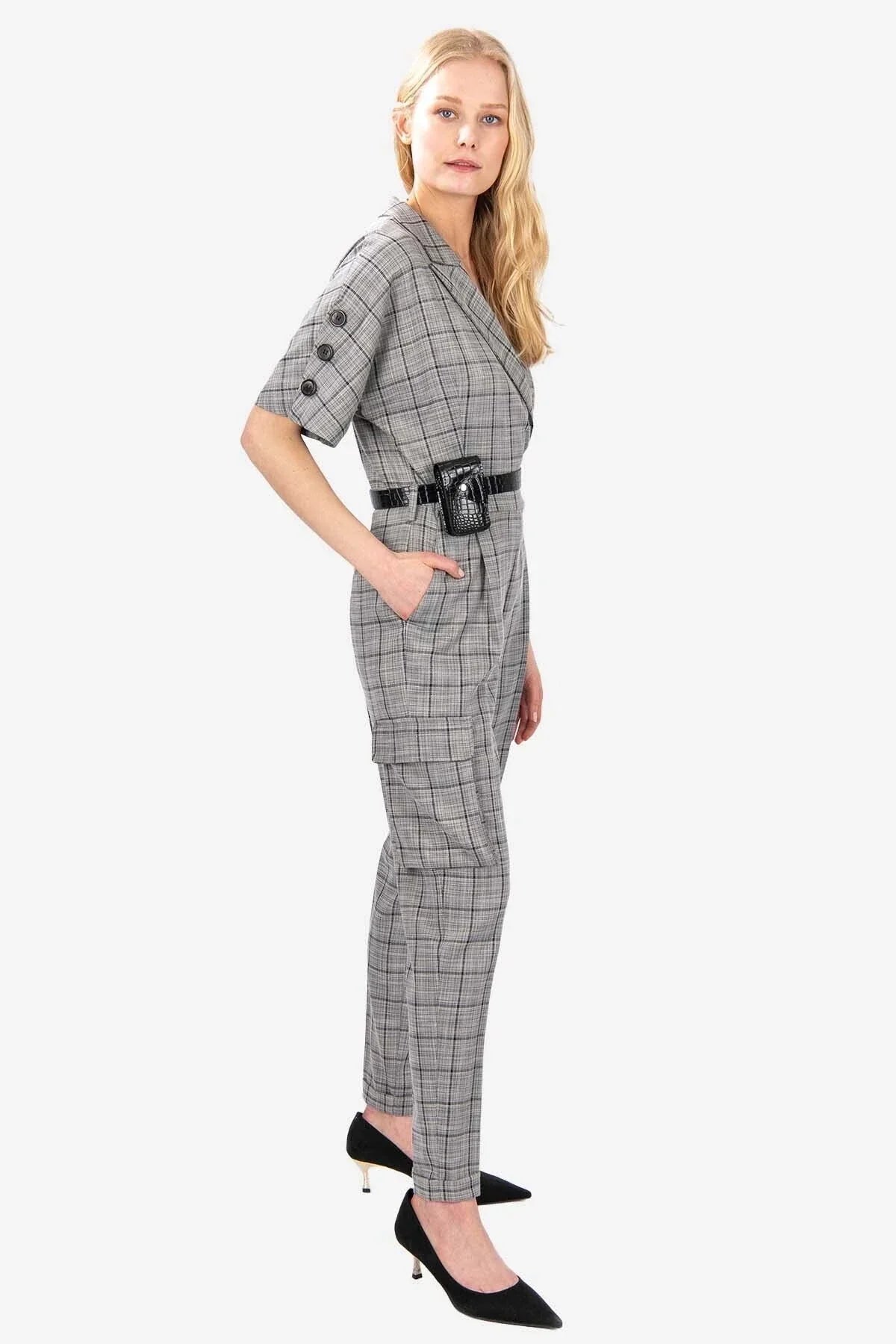 FRN LINE – Grey Checked Short Sleeve Jumpsuit