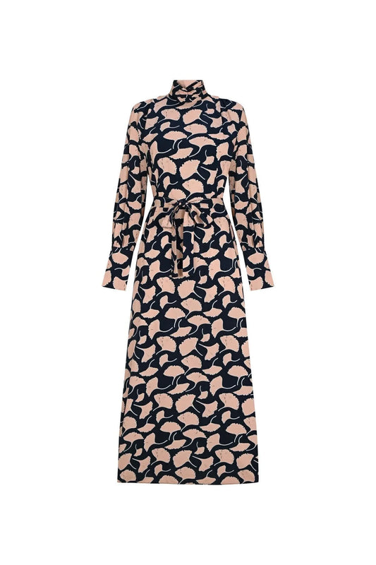 FRN LINE – Cream Printed High-Neck Belted Maxi Dress for Women FRN3118