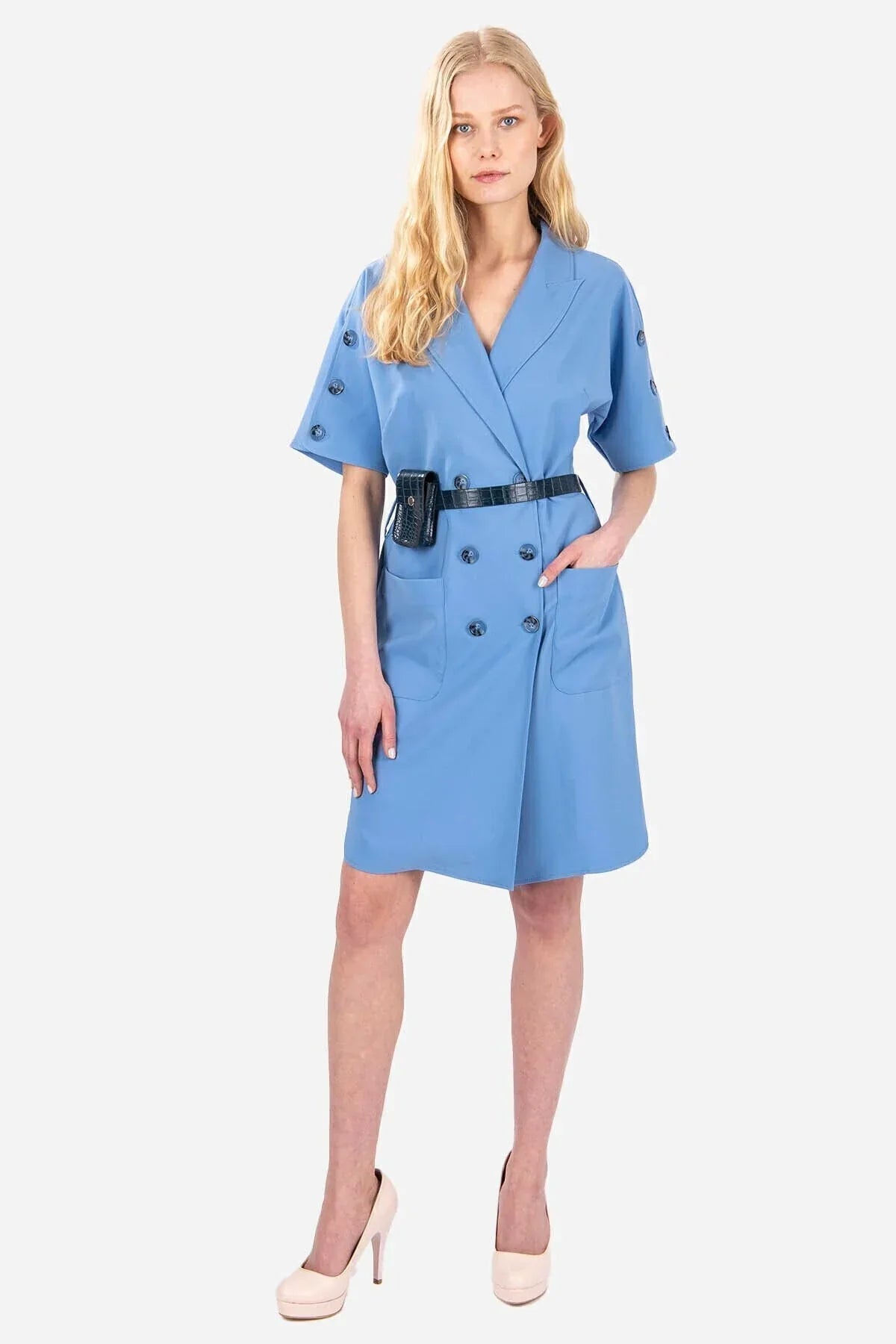 FRN LINE – Blue Double-Breasted Blazer Dress with Pocket Belt for Women FRN3022