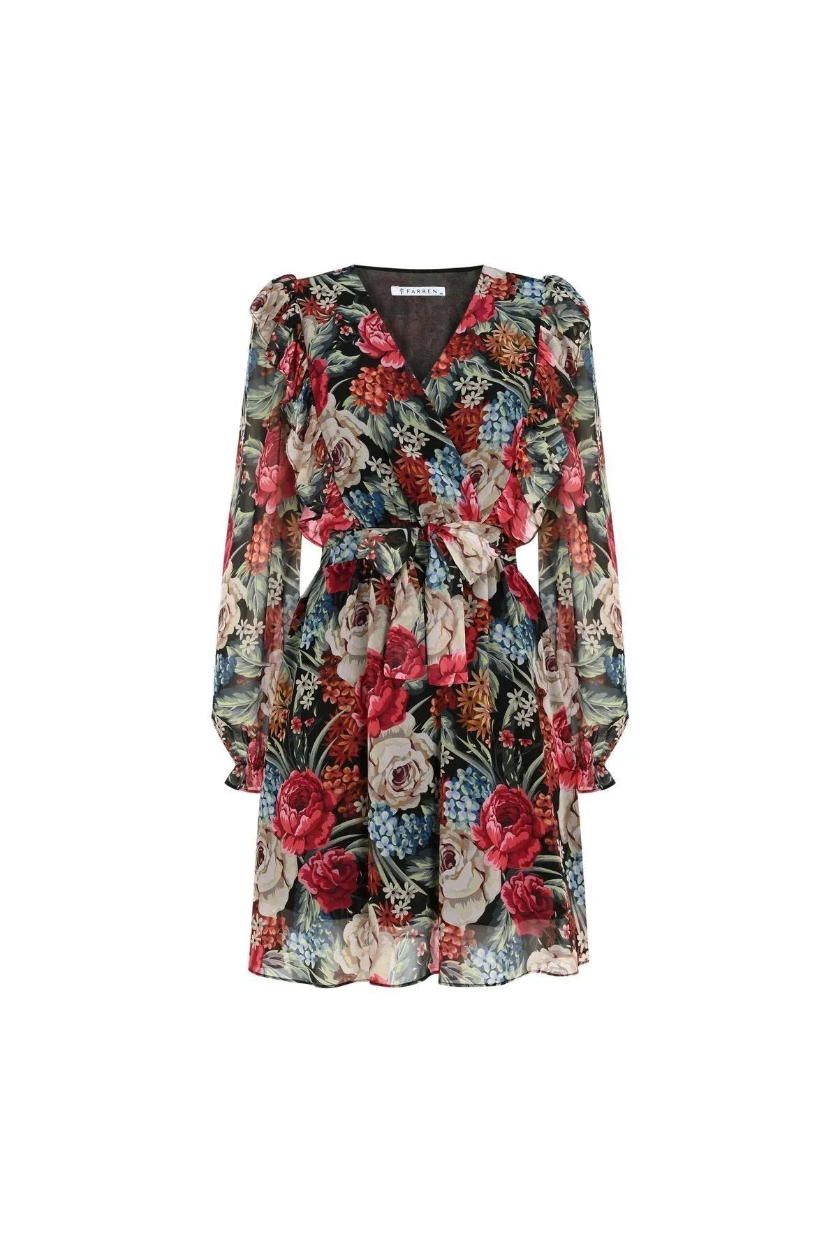 FRN LINE – Black Floral Chiffon Wrap Dress for Women FRN30380