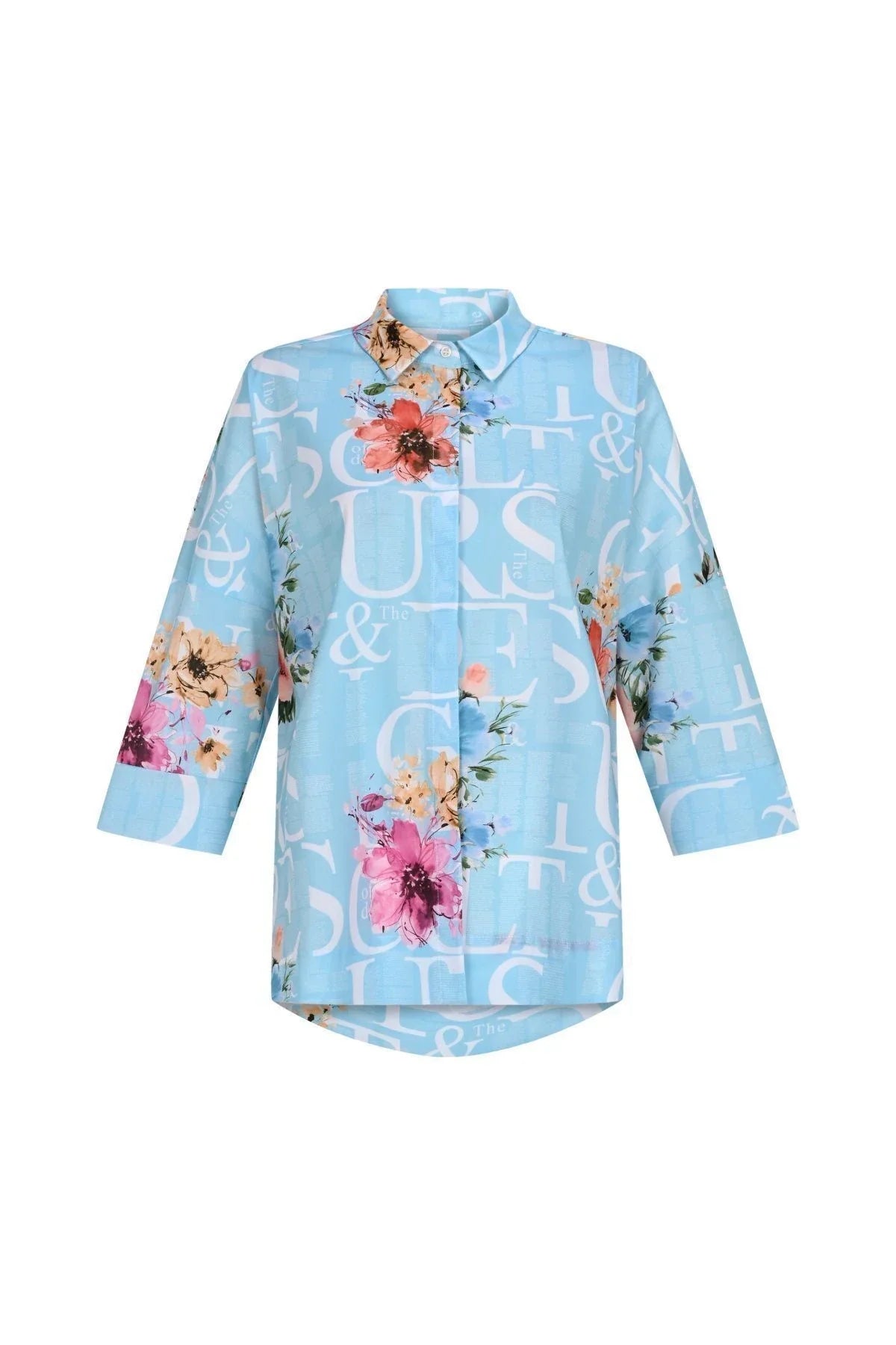 FRN LINE – Blue Typographic Floral Oversized Shirt for Women FRN10101