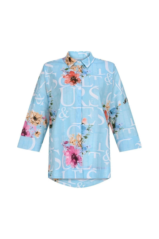 FRN LINE – Blue Typographic Floral Oversized Shirt for Women FRN10101