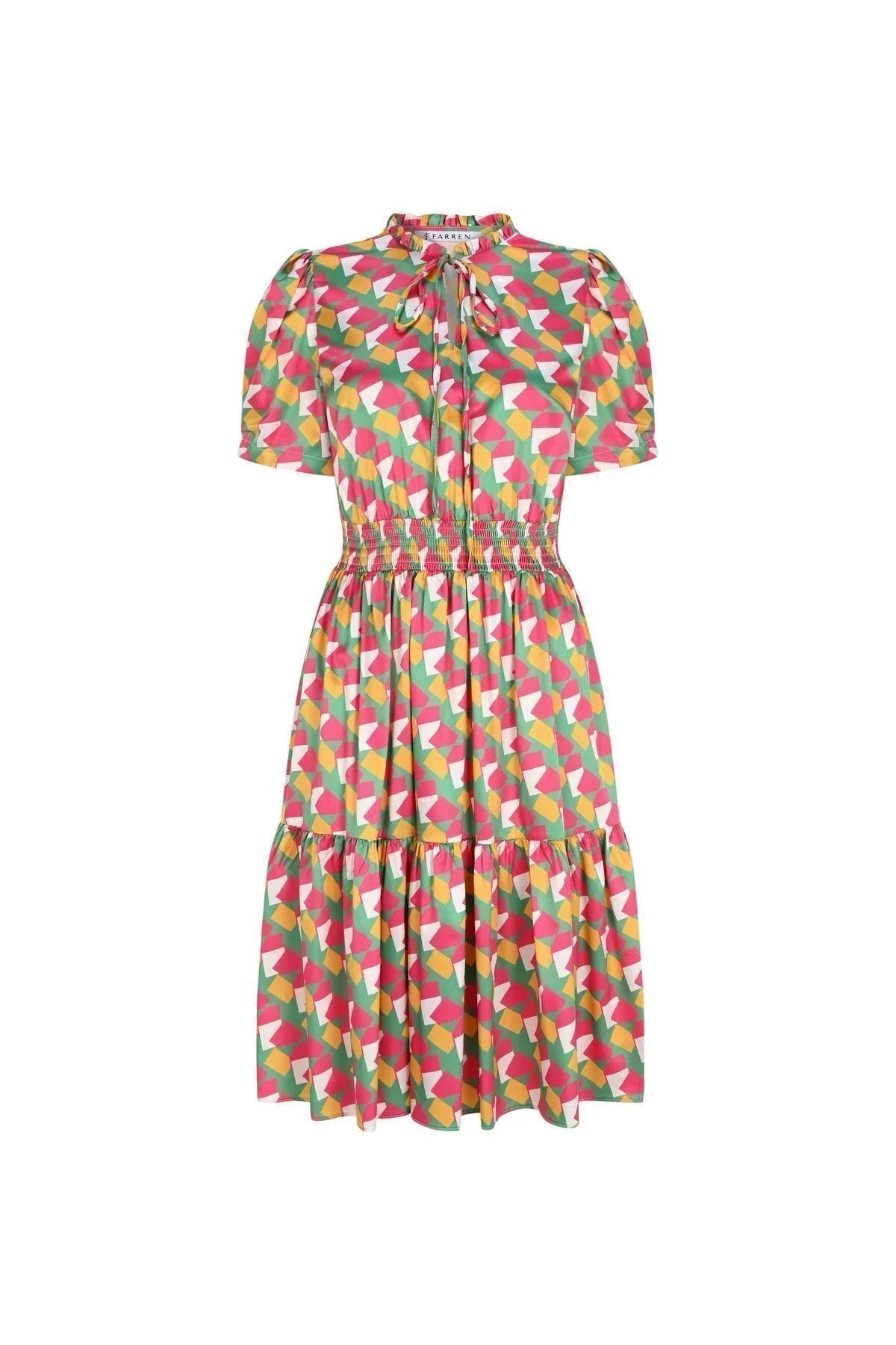 FRN LINE – Multicolor Geometric Printed Short Sleeve Midi Dress for Women FRN30389