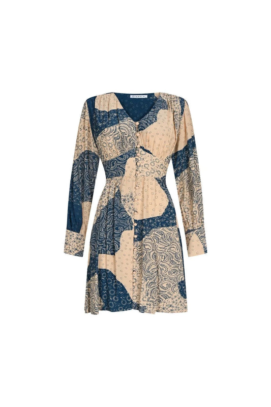FRN LINE – Cream Patchwork Printed Long Sleeve Mini Dress for Women FRN30385