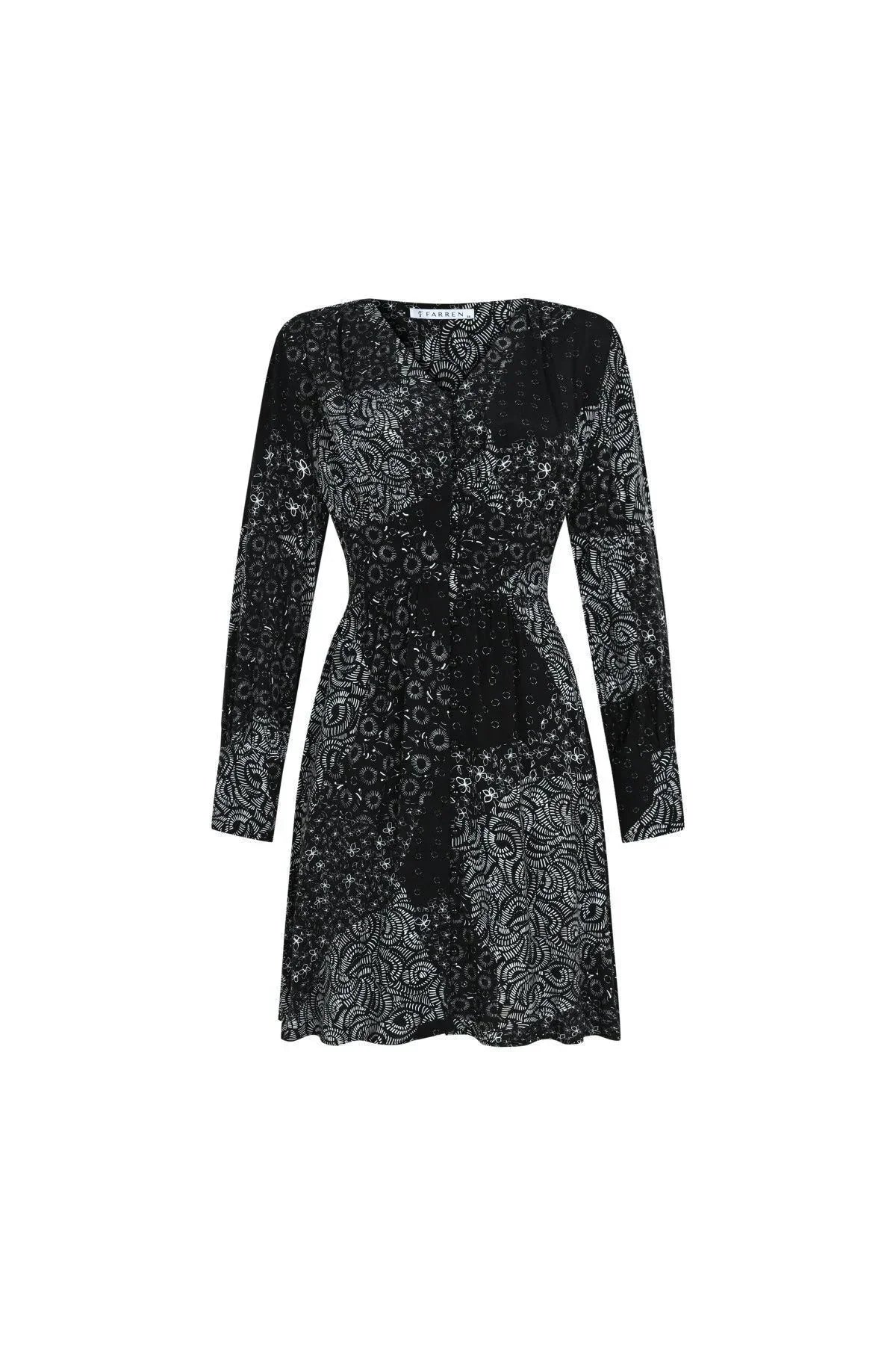 FRN LINE – Black Patchwork Printed Long Sleeve Mini Dress for Women FRN30385