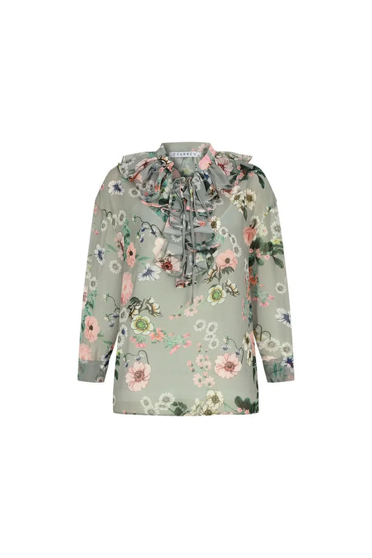 FRN LINE – Grey Floral Patterned Ruffled Neck Chiffon Blouse with Inner Camisole for Women FRN1001